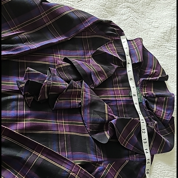 LRL Ruffled Trim Neckline Buttondown Plaid Blouse - Picture 8 of 15